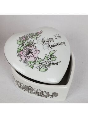 Vtg 25th Anniversary ceramic heart trinket jewelry box 1983 Enesco Japan